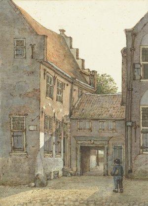 Gezicht op de ingang van de Latijnse school, de St. Hieronymusschool, aan de Kromme Nieuwegracht te Utrecht Oil painting by Gerrit Lamberts