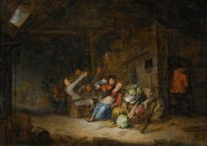 A Barn Interior With Figures Drinking Around A Table by Gerrit Lundens Oil Painting