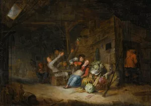 A Barn Interior With Figures Drinking Around A Table by Gerrit Lundens Oil Painting