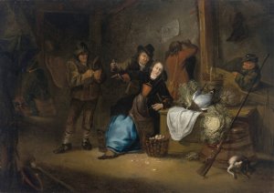 A rustic interior with a seated woman and other figures making merry by Gerrit Lundens Oil Painting
