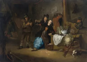 A rustic interior with a seated woman and other figures making merry by Gerrit Lundens Oil Painting