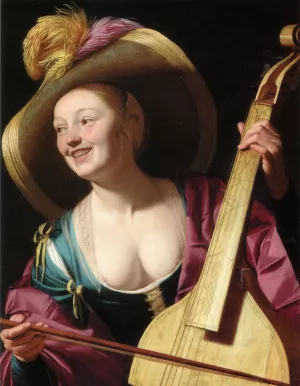 A Young Woman Playing a Viola da Gamba by Gerrit Van Honthorst - Oil Painting Reproduction