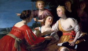 Diana Resting After The Hunt, With Shepherdesses And Two Greyhounds, A Landscape Beyond by Gerrit Van Honthorst - Oil Painting Reproduction