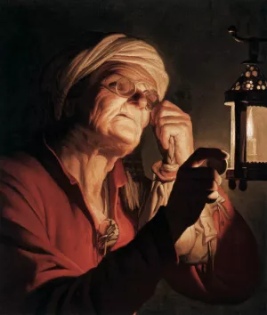 Old Woman Examining a Coin by Gerrit Van Honthorst - Oil Painting Reproduction