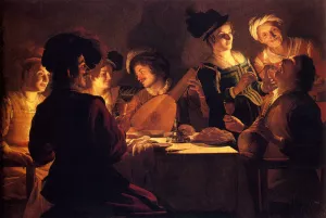 Supper with the Minstrel and His Lute by Gerrit Van Honthorst - Oil Painting Reproduction