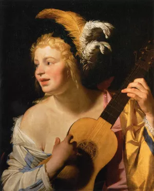 Woman Playing the Guitar painting by Gerrit Van Honthorst