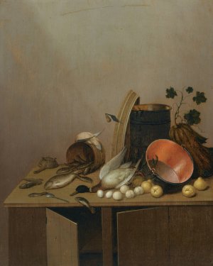 Still Life With A Dead Duck, Fish, Pears, Eggs, A Copper Pot And Other Objects, All Arranged On A Kitchen Cabinet by Gerrit Van Vucht Oil Painting