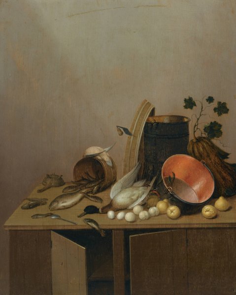 Still Life With A Dead Duck, Fish, Pears, Eggs, A Copper Pot And Other Objects, All Arranged On A Kitchen Cabinet by Gerrit Van Vucht - Hand-Painted Oil Painting Reproduction