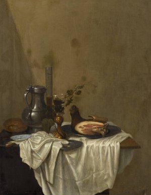Still life with a pewter jug, roemers and a leg of ham, together on a table draped with a white tablecloth by Gerrit Van Vucht Oil Painting