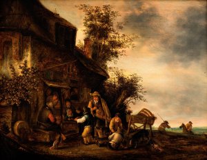 Scene with a hurdy-gurdy player and a boy violinist outside a tavern by Gert Van Hens Oil Painting