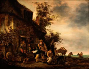 Scene with a hurdy-gurdy player and a boy violinist outside a tavern Oil painting by Gert Van Hens