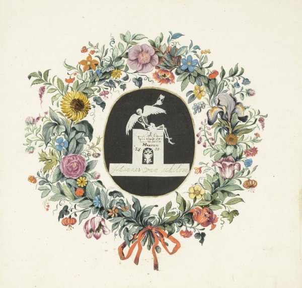 Bloemguirlande om een knipsel van een grafmonument  by Gesina Ter Borch - Hand-Painted Oil Painting Reproduction