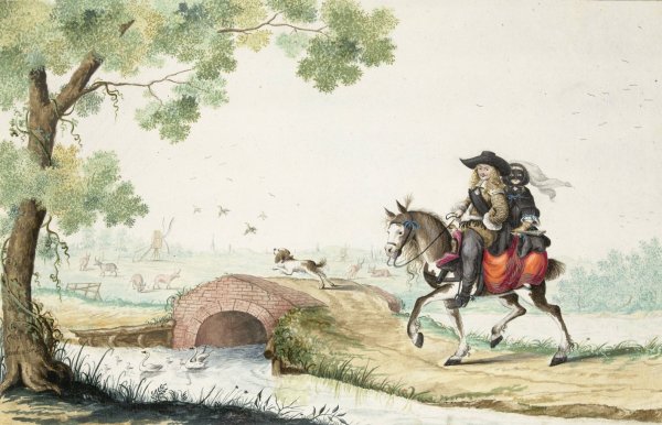 Man en gemaskerde vrouw te paard  by Gesina Ter Borch - Hand-Painted Oil Painting Reproduction