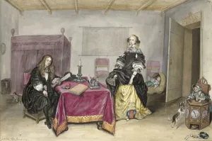 Sijbrant Schellinger en Jenneken ter Borch met twee kinderen in een interieur Oil painting by Gesina Ter Borch