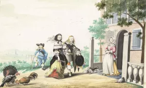 Stel begroet een dame bij de deur van een landhuis by Gesina Ter Borch Oil Painting