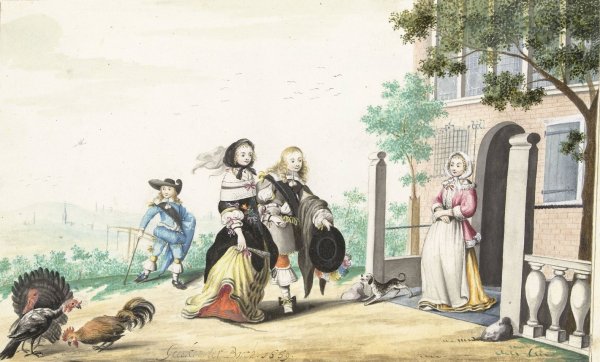 Stel begroet een dame bij de deur van een landhuis  by Gesina Ter Borch - Hand-Painted Oil Painting Reproduction