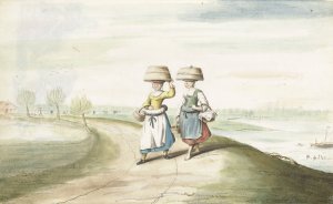 Twee boerenvrouwen lopend in een landschap by Gesina Ter Borch Oil Painting