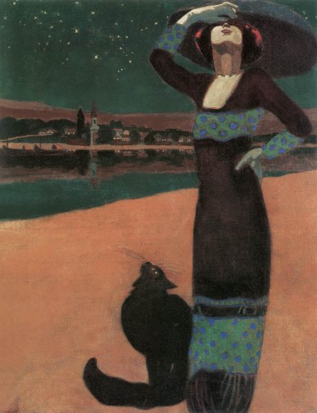 Slim Woman with a Cat by Geza Farago - Hand-Painted Oil Painting Reproduction