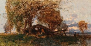 A Vast Landscape in the Evening Light by Geza Meszoly Oil Painting