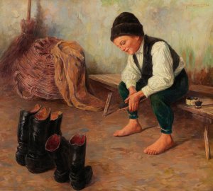 The Shoe Cleaner by Geza Peske Oil Painting