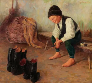 The Shoe Cleaner by Geza Peske Oil Painting