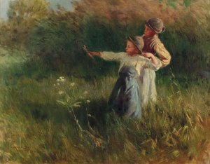 Zwei Buben mit Steinschleuder auf der Sommerwiese by Geza Peske Oil Painting
