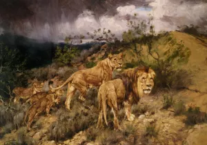 A Family of Lions by Geza Vastagh Oil Painting