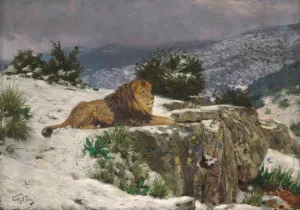 A Lion In The Snow by Geza Vastagh A Lion In The Snow by Geza Vastagh Oil Painting