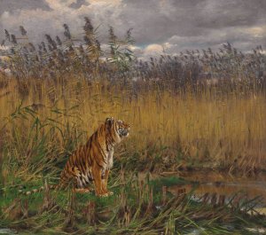 A Tiger in a Landscape by Geza Vastagh Oil Painting