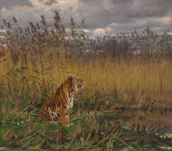 A Tiger in a Landscape by Geza Vastagh - Hand-Painted Oil Painting Reproduction