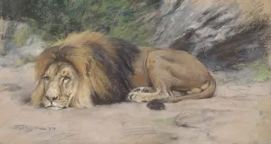 Reclining lion by Geza Vastagh Reclining lion by Geza Vastagh Oil Painting