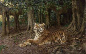 Reclining Tiger by Geza Vastagh Oil Painting