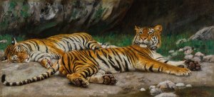 Resting Tigers by Geza Vastagh Oil Painting