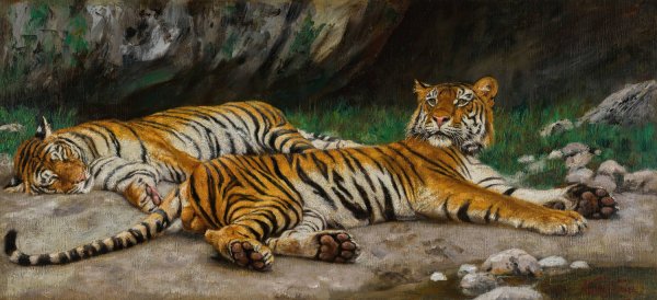 Resting Tigers by Geza Vastagh - Hand-Painted Oil Painting Reproduction