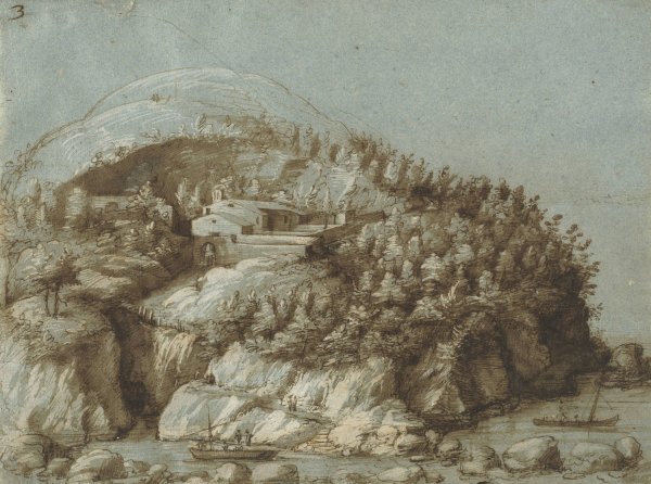 Main Product Photo of Hilly Landscape with Ships  Painting by Gherardo Cibo
