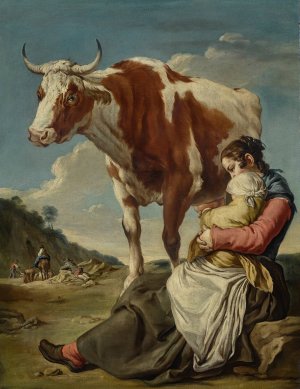 A Mother And Her Child Milking A Cow In A Landscape, A Group Of Peasants And Animals Beyond by Giacomo Ceruti Oil Painting