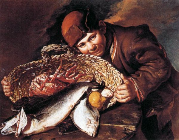 Main Product Photo of Boy with a Basket of Fish Painting by Giacomo Ceruti
