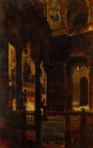 A Church Interior Oil painting by Giacomo Favretto