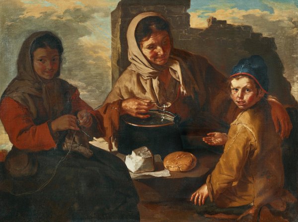 A girl knitting and a woman feeding a child by Giacomo Francesco Cipper - Hand-Painted Oil Painting Reproduction