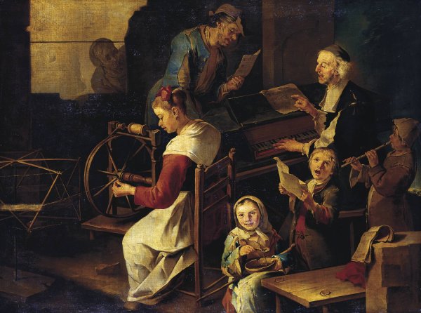 Domestic Scene with Musicians and Woman Spinning  by Giacomo Francesco Cipper - Hand-Painted Oil Painting Reproduction