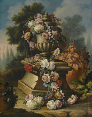 A Still Life With A Garland Of Roses, Tulips, Carnations And Other Flowers, Draped Around A Stone Urn In A Landscape by Giacomo Nani Oil Painting