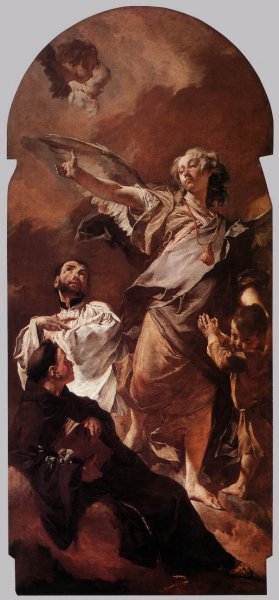 The Guardian Angel with Sts Anthony of Padua and Gaetano Thiene by Giacomo Piazzetta Oil Painting
