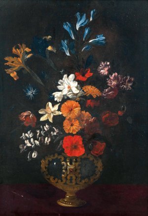 Flowers in an ornamental vase on a table by Giacomo Recco Oil Painting