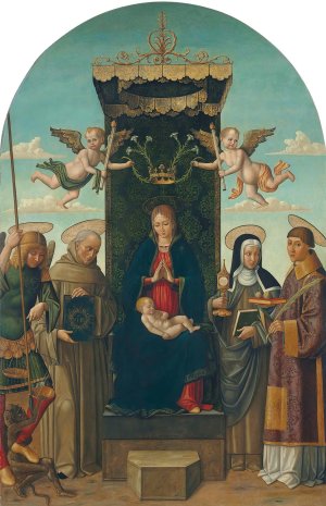 The Madonna and Child enthroned, with Saints Michael, Bernardino of Siena, Clare and Stephen by Gian Giacomo D'Alladio Oil Painting