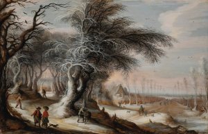 A winter landscape with villagers on a path by Gijsbrecht Leytens Oil Painting