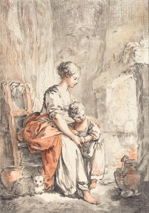 Woman And Child Before A Fireplace by Gilles Demarteau The Elder Oil Painting