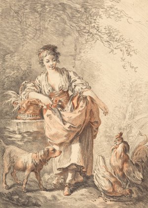 Woman Feeding Chickens by Gilles Demarteau The Elder Oil Painting