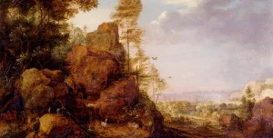 A Mountainous Landscape with a Rocky Outcrop by The Edge of a Wood, Goats and a Reindeer Resting by a Waterfall, a Village in an Extensive Landscape Beyond painting by Gillis Claesz D' Hondecoeter