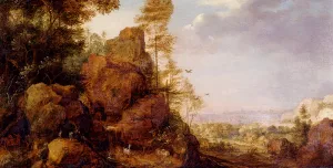 A Mountainous Landscape with a Rocky Outcrop by The Edge of a Wood, Goats and a Reindeer Resting by a Waterfall, a Village in an Extensive Landscape Beyond Oil painting by Gillis Claesz D' Hondecoeter