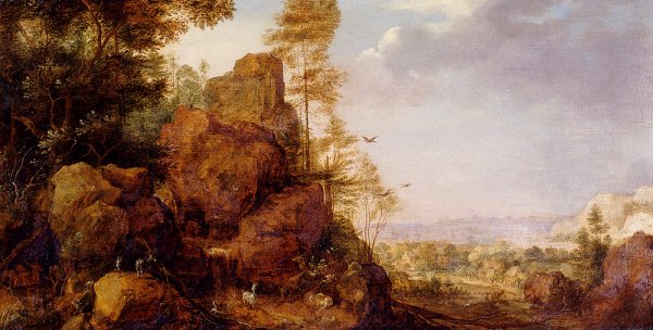 A Mountainous Landscape with a Rocky Outcrop by The Edge of a Wood, Goats and a Reindeer Resting by a Waterfall, a Village in an Extensive Landscape Beyond by Gillis Claesz D' Hondecoeter - Hand-Painted Oil Painting Reproduction